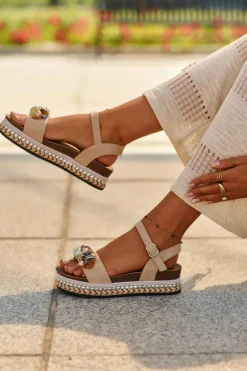 Sandały Damskie Na Koturnie I Platformie Z Ozdobami S.Barski HY056 Beżowe