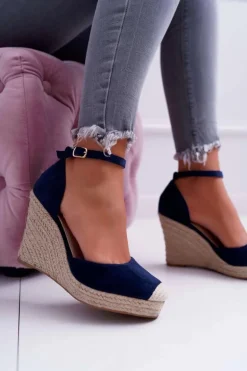 Sandały Damskie Na Koturnie Lniane Granatowe Tammaris