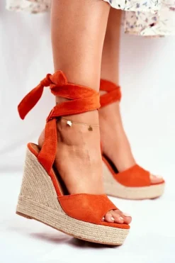 Sandały Damskie Na Koturnie Wiązane Pomarańczowe Belleza