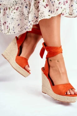 Sandały Damskie Na Koturnie Wiązane Pomarańczowe Belleza