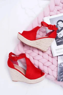 Sandały Damskie Na Koturnie Platforma Czerwone Begest