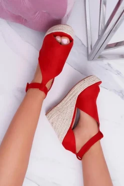 Sandały Damskie Na Koturnie Platforma Czerwone Begest