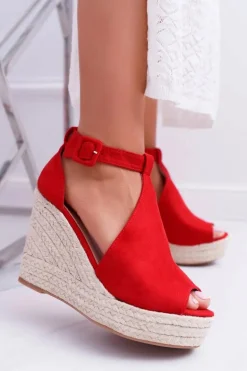 Sandały Damskie Na Koturnie Platforma Czerwone Begest