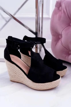 Sandały Damskie Na Koturnie Platforma Czarne Begest