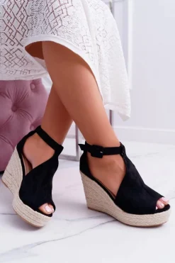 Sandały Damskie Na Koturnie Platforma Czarne Begest
