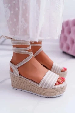 Sandały Damskie Na Koturnie Platformie Lniane Wiązane Beżowe Jolyn