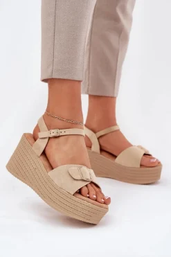 Sandały Damskie Na Koturnie Z Klamrą Khaki Liniella