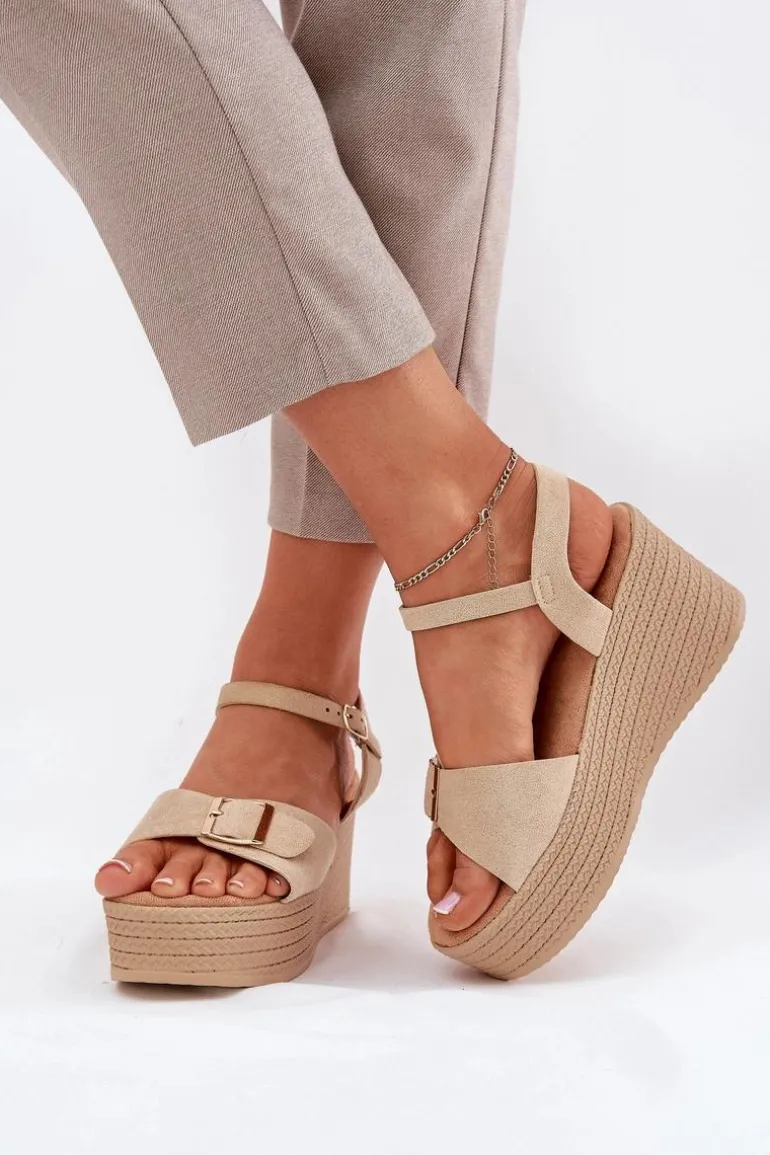 Sandały Damskie Na Koturnie Z Klamrą Khaki Liniella