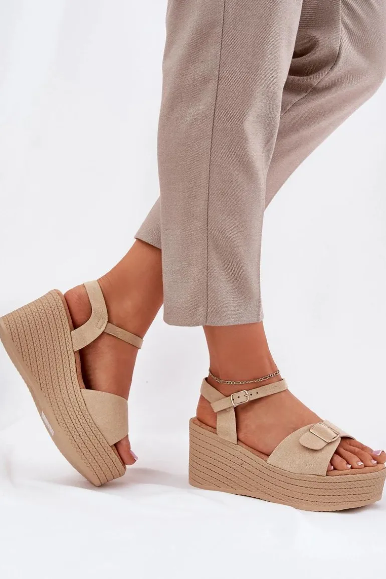 Sandały Damskie Na Koturnie Z Klamrą Khaki Liniella