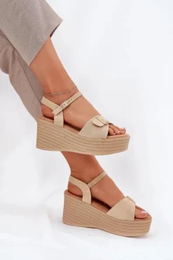 Sandały Damskie Na Koturnie Z Klamrą Khaki Liniella