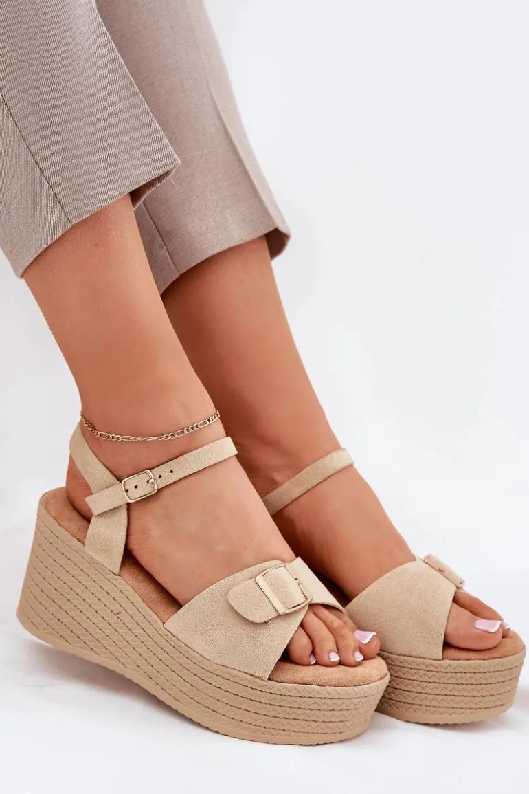 Sandały Damskie Na Koturnie Z Klamrą Khaki Liniella