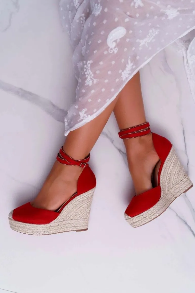 Sandały Damskie Na Koturnie Lniane Czerwone Canterola