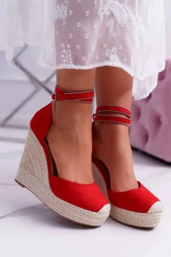 Sandały Damskie Na Koturnie Lniane Czerwone Canterola
