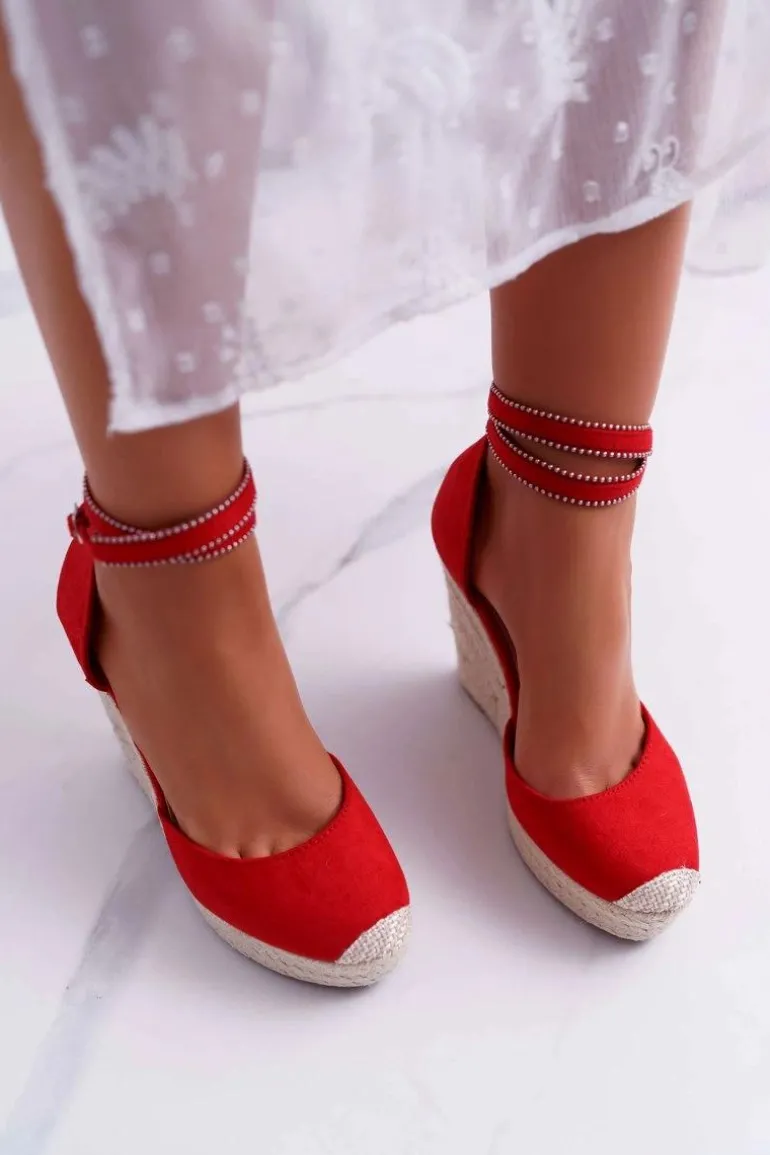 Sandały Damskie Na Koturnie Lniane Czerwone Canterola