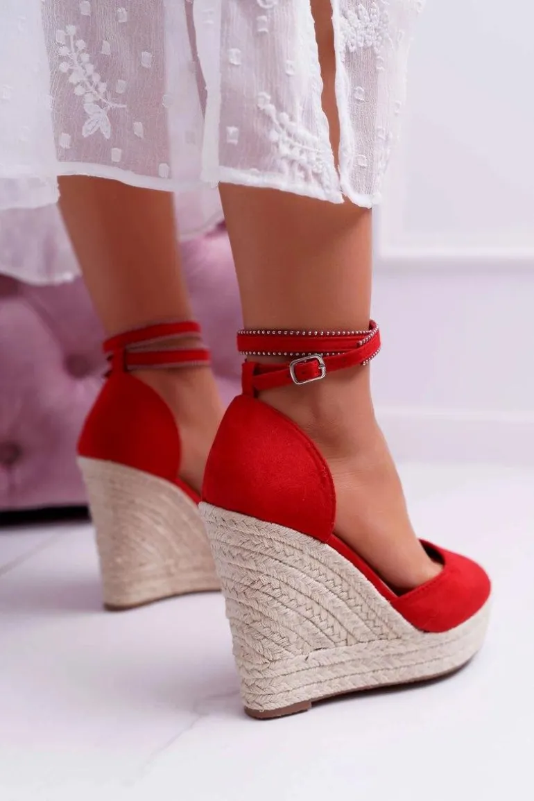 Sandały Damskie Na Koturnie Lniane Czerwone Canterola