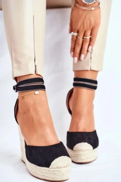 Sandały Damskie Na Koturnie Lniane Czarne Canterola