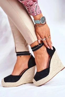 Sandały Damskie Na Koturnie Lniane Czarne Canterola