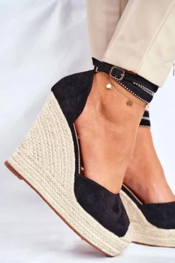 Sandały Damskie Na Koturnie Lniane Czarne Canterola