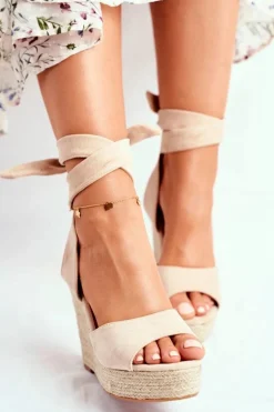 Sandały Damskie Na Koturnie Wiązane Beżowe Belleza