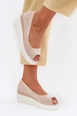 Sandały Damskie Na Koturnie Z Eko Zamszu Jasnobeżowe Velira