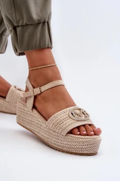 Sandały Damskie Na Koturnie Z Plecionką Beżowe Esalena