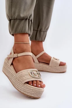 Sandały Damskie Na Koturnie Z Plecionką Beżowe Esalena