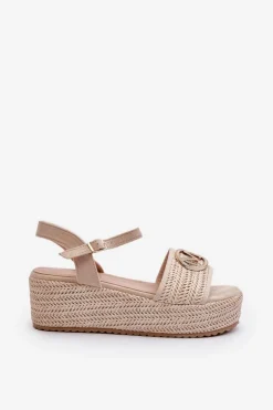 Sandały Damskie Na Koturnie Z Plecionką Beżowe Esalena