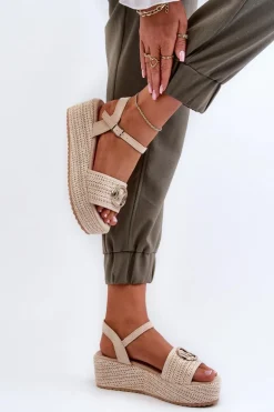 Sandały Damskie Na Koturnie Z Plecionką Beżowe Esalena