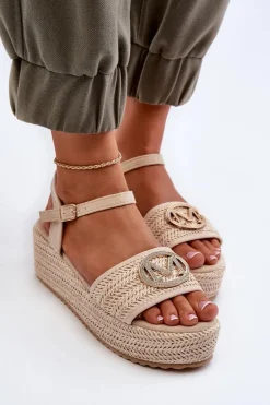 Sandały Damskie Na Koturnie Z Plecionką Beżowe Esalena
