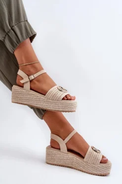 Sandały Damskie Na Koturnie Z Plecionką Beżowe Esalena