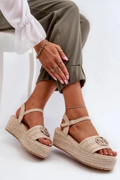 Sandały Damskie Na Koturnie Z Plecionką Beżowe Esalena