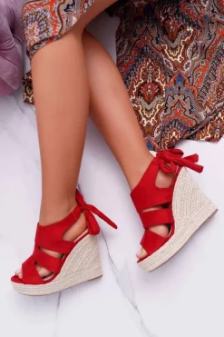Sandały Damskie Na Koturnie Czerwone Yenga