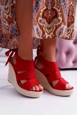 Sandały Damskie Na Koturnie Czerwone Yenga