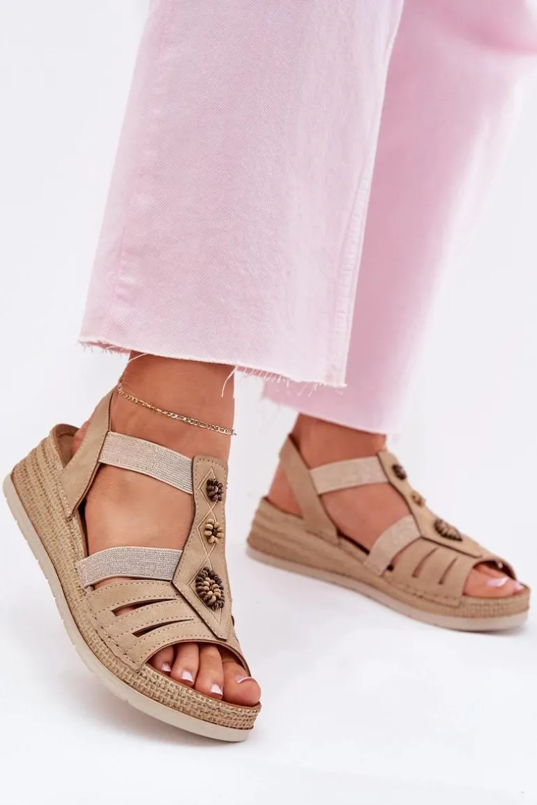 Sandały Damskie Na Koturnie Z Ozdobami Inblu RV000015 Beżowe