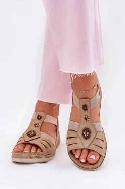 Sandały Damskie Na Koturnie Z Ozdobami Inblu RV000015 Beżowe