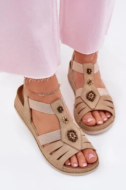 Sandały Damskie Na Koturnie Z Ozdobami Inblu RV000015 Beżowe
