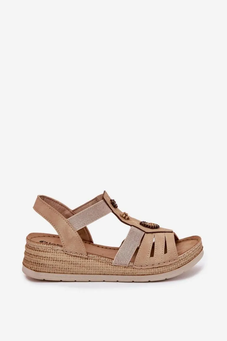 Sandały Damskie Na Koturnie Z Ozdobami Inblu RV000015 Beżowe