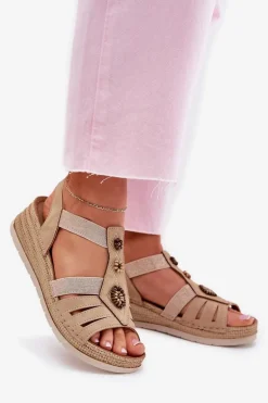 Sandały Damskie Na Koturnie Z Ozdobami Inblu RV000015 Beżowe