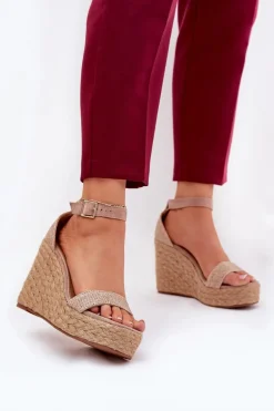 Sandały Damskie Na Koturnie Z Plecionką Khaki Adelio