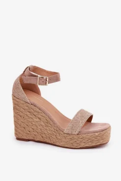 Sandały Damskie Na Koturnie Z Plecionką Khaki Adelio