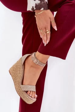 Sandały Damskie Na Koturnie Z Plecionką Khaki Adelio