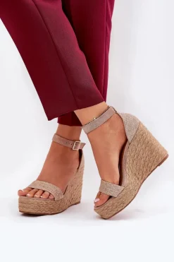 Sandały Damskie Na Koturnie Z Plecionką Khaki Adelio