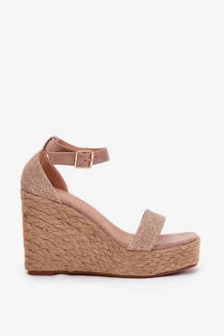 Sandały Damskie Na Koturnie Z Plecionką Khaki Adelio