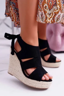 Sandały Damskie Na Koturnie Czarne Yenga