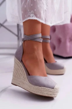 Sandały Damskie Na Koturnie Lniane Szare Canterola