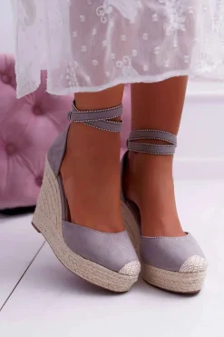 Sandały Damskie Na Koturnie Lniane Szare Canterola