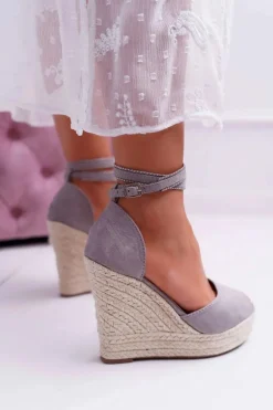 Sandały Damskie Na Koturnie Lniane Szare Canterola