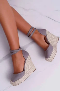 Sandały Damskie Na Koturnie Lniane Szare Canterola