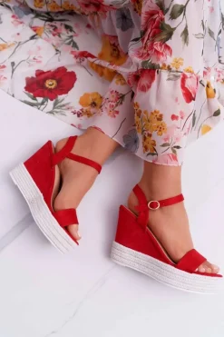 Sandały Damskie Na Koturnie Lniane Czerwone Liviana