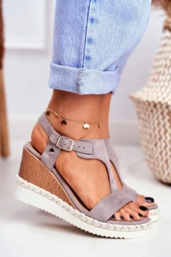 Sandały Damskie Na Koturnie Szare Rosa